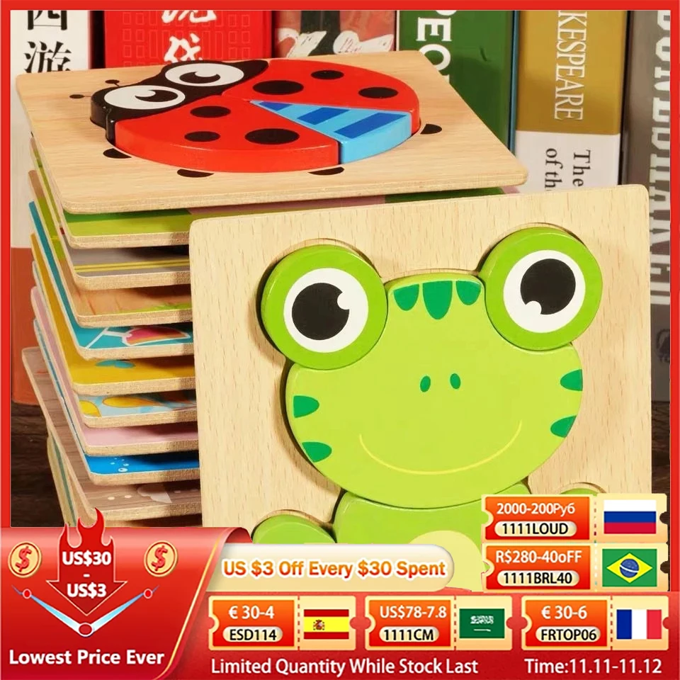 

Montessori 3D Wooden Puzzles Educational Cartoon Animals Early Learning Cognition Intelligence Puzzle Game For Children Toys