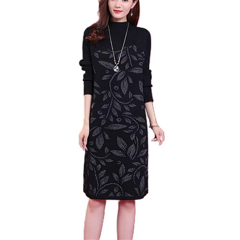 

Knitted Dress Women Clothing Winter Women Dress Vintage Leaf Print Long Sleeve Knee-length Vestido Female Jumper Loose Dress