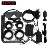 blackwolf plush leather bdsm kits sex bondage set handcuffs whip gag nipple clamps sex toys for couples games exotic accessories