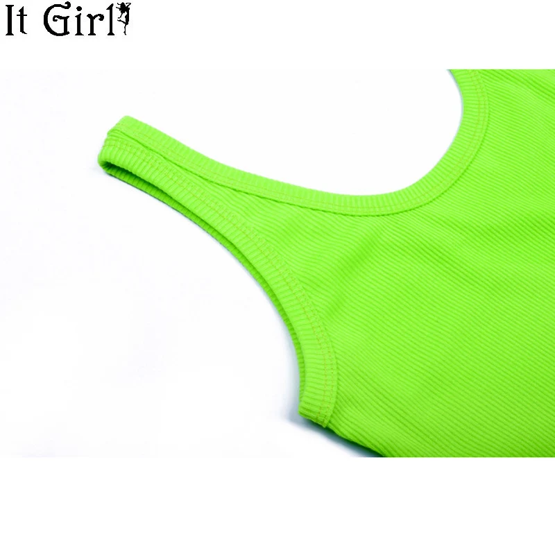 Неоново зеленое трикотажное платье в рубчик для фитнеса лето 2019 Повседневная