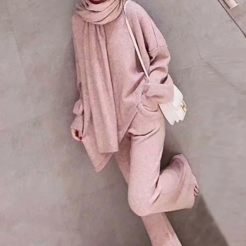 

Solid Sweater Pants Scarf Three Sets Women 2020 Fall and Winter New Fashion Loose Knit Broad Leggings