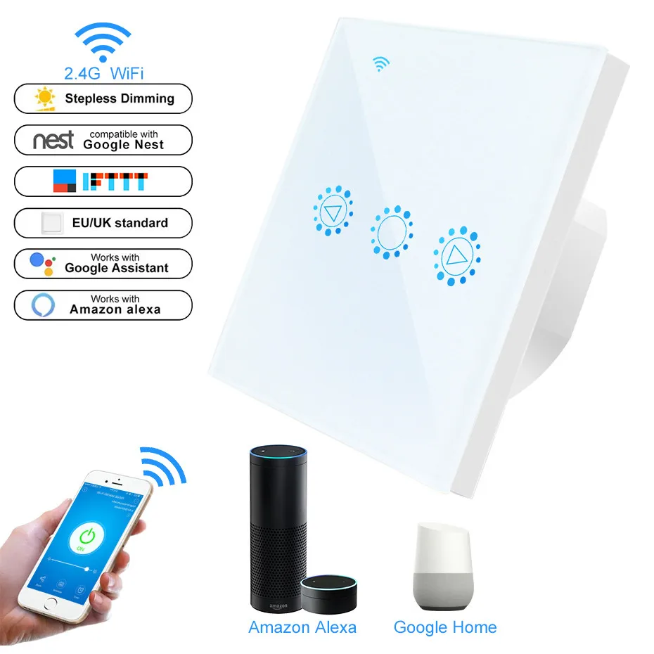 Wifi Smart Light Switch Glass Screen Touch Panel Voice Control Wireless Wall Switches Remote with Alexa Google Home 3 Gang EU/US | Лампы и