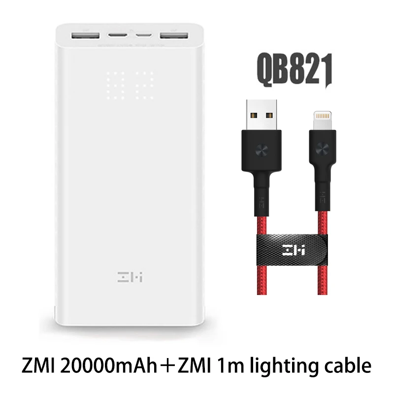 add lightning cable Z mi power bank, power Bank, 20000 мА/ч, быстрая зарядка QC3.0, Xiao mi, батарея, двойной USB, 27 Вт, 20000 мА/ч, QB822, для iPhone, iPad, ноутбука - Цвет: add lightning cable