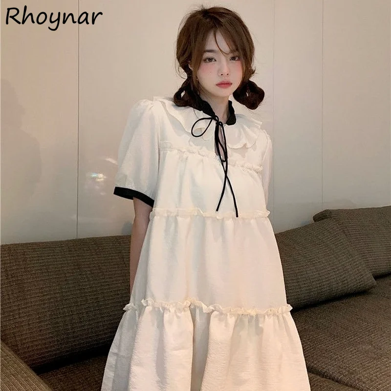 

Short Sleeve Dress Women Kawaii Girls Korean Style Harajuku Elegant Preppy Party Casual Streetwear A-Line Peter Pan Collar New
