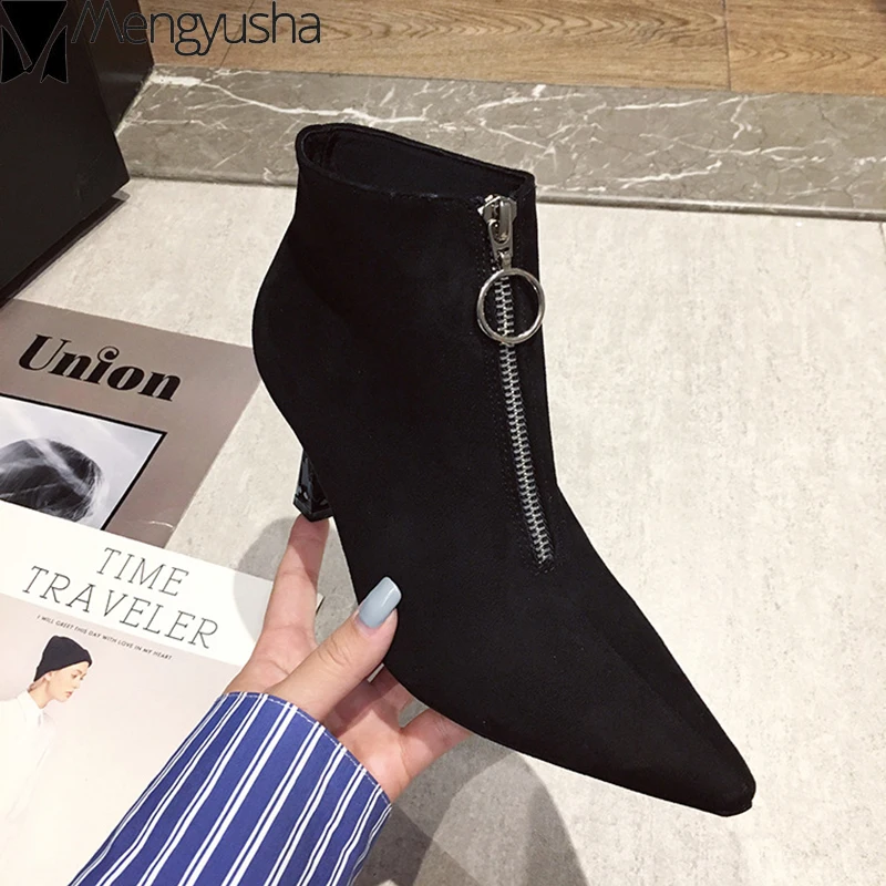 Короткие ботинки с острым носком на молнии спереди Модные Челси из флока тонком
