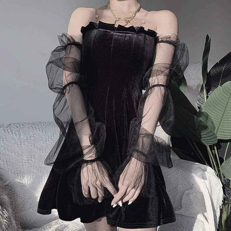 

Gothic Black Sexy 2020 Women Slash Neck Mesh Splice Hollow Out Puff Long Sleeve Mini Dress Goth Punk Off Shoulder Party Dresses