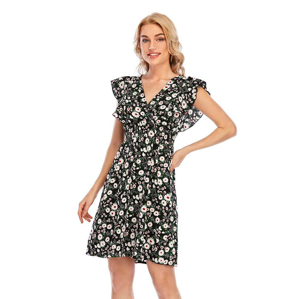 

2021 Summer V-neck Casual Bohemian Beach A-line Skirt Ladies Fashion Comfortable Floral Retro Printed Chiffon Mini Party Dress