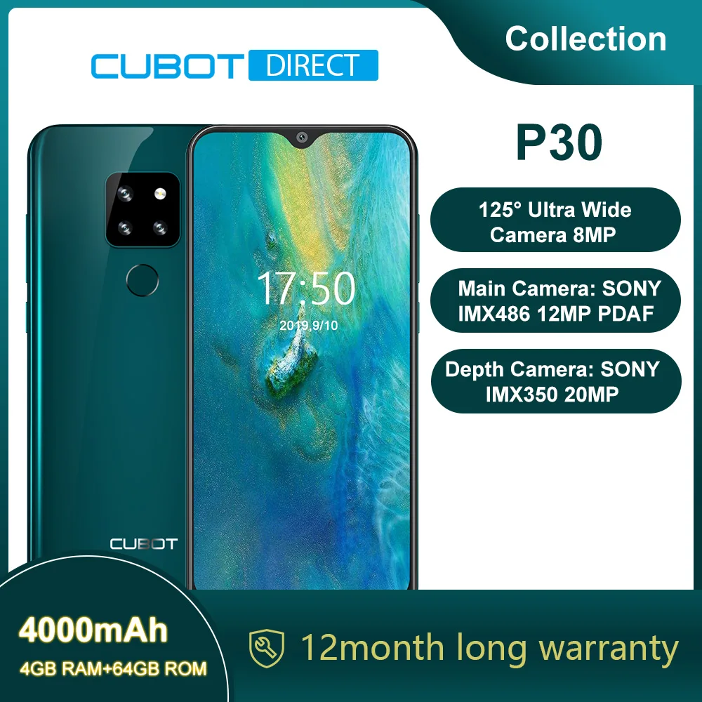 Смартфон Cubot P30 6," экран капли воды FHD+ 2340x1080p 4 Гб RAM+ 64 ГБ ROM Памяти Android 9,0 Pie Система Helio P23 Телефон SONY AI задние тройные камеры Поддержка Распознавания лица 4000 мАч Батарея 4G LTE Сети
