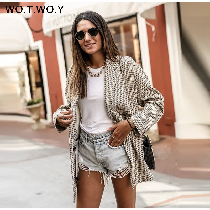 

WOTWOY Double Breasted Office Lady Plaid Blazer Women Elegant Spring Long Sleeve Jacket Female Loose Style Outerwear 2021 Pocket