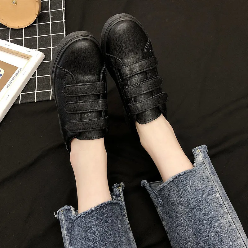 

Genuine Leather Women Platform Sneakers Autum Hook & Loop Little White Shoes Casual Ladies Buckle Thick Bottom Vulcanized Shoes