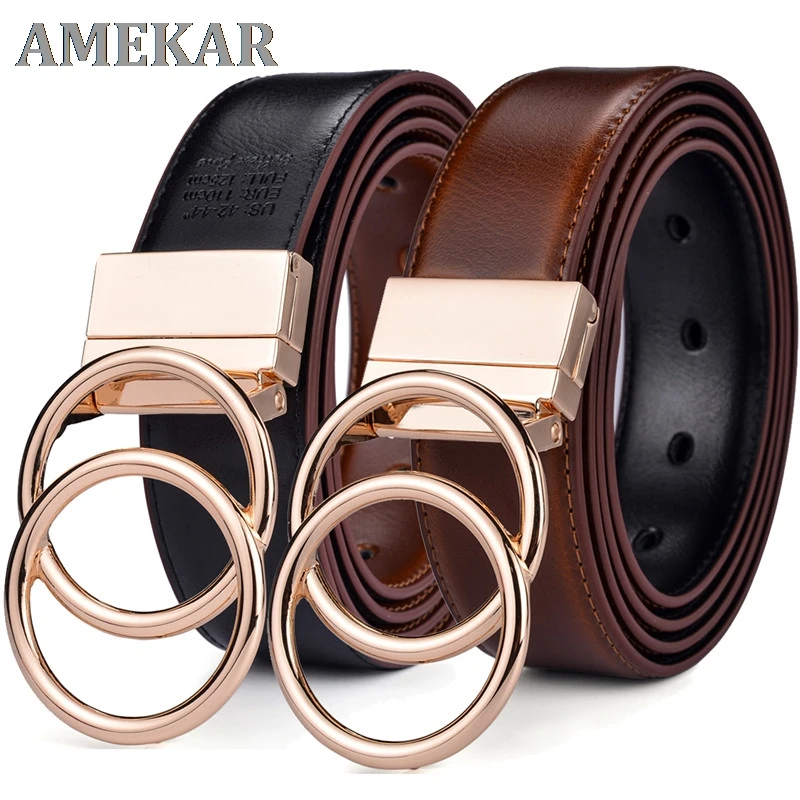 

Women Reversible Leather Belt 2 in 1 Rotated 2 Rings Gold Buckle 3.4cm Wide