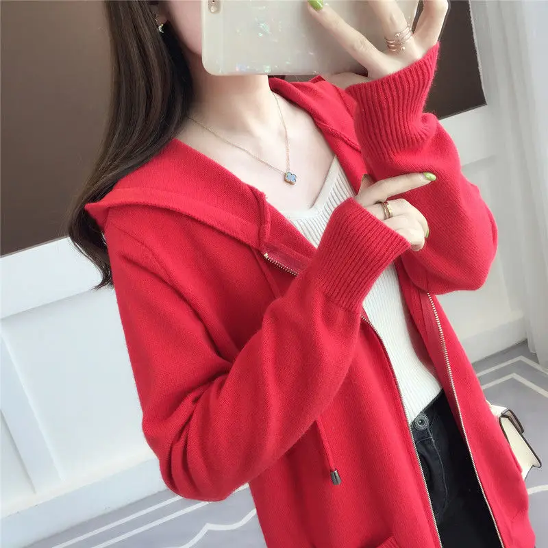 

New women's spring wear hooded striped medium length cardigan sweater coat women's loose zipper