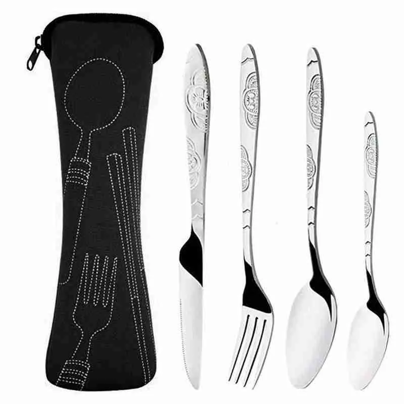 

4Pcs Steel Knifes Fork Spoon Set Family Travel Camping Cutlery Tableware Eyeful Four-piece Dinnerware Set with Case