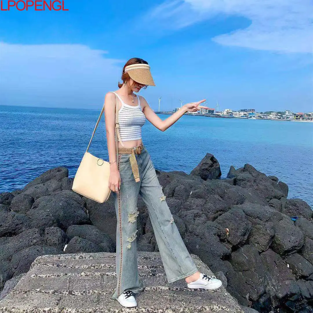 

Autumn Women's Pants High Waist Ripped Wide Leg Jeans 2021 New Fashion Loose Street Apparel Simple Art Retro Mom Wash Clothes