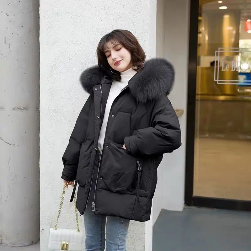 

Women Coat Loose Office Ladies Solid Women's Winter Jacket Hooded with Real Fur Collar Thick Cotton Padded Parkas X453