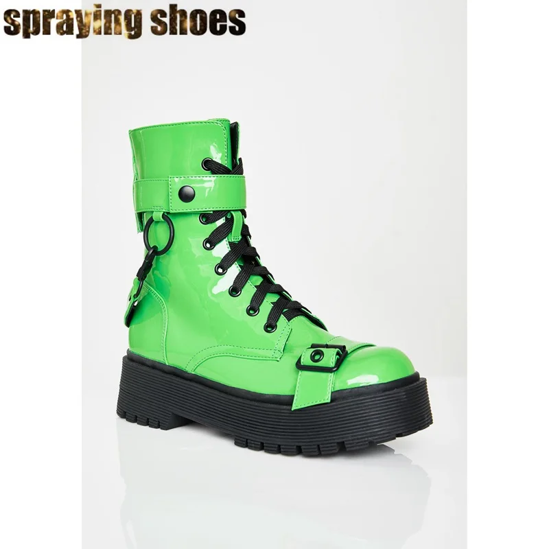 Неоновые зеленые ботинки Martens; женские ботильоны на платформе с круглым носком; мотоботы; пикантные женские ботинки для подиума; обувь для вечеринок; зимние ботинки