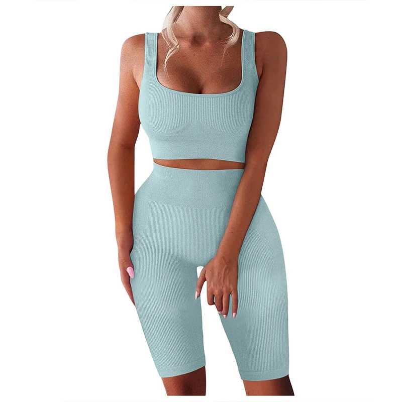 

Women Vest Pants Two Piece Sets Pure Color Tank Tops Suits Outfits Ladies Jogging Fitness Activity Sportwear Vests + Mid Pants
