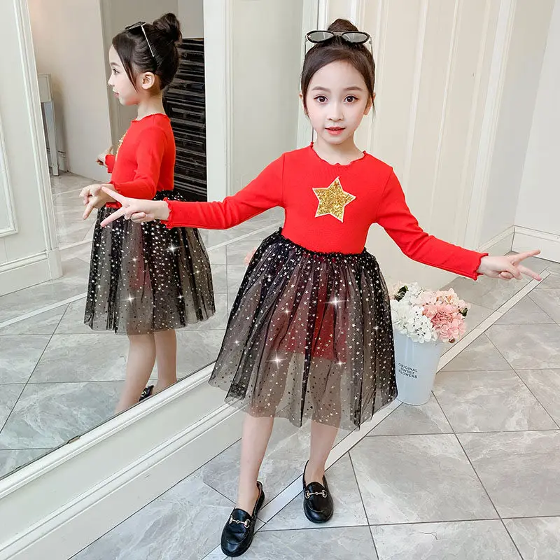 Long Sleeve Children Mesh Dress Stars Style Shining Sequin Party Evening Paillette Clothing High Quality Kids | Детская одежда и
