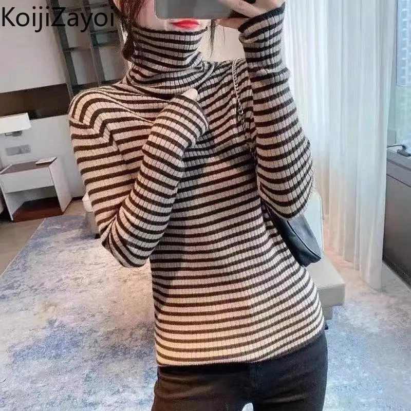 

Koijizayoi Fashion Women Turtleneck Pullovers Knitted Stretchy Striped Pullovers Office Lady Bottom Slim Sweaters Fall Winter