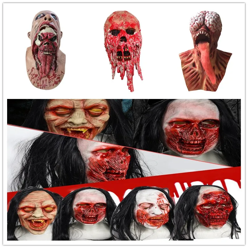 

Halloween Horror Bloody Rotten Face Mask Black Long Hair Latex Headgear Scary Creepy Party Decoration Props Cosplay Costumes #40