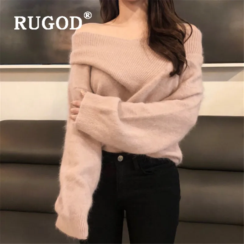 RUGOD Autumn Winter New Style Chic Off-shoulder Solid Color Knitted Sweater Fuzzy Pullover Women Kpop Clothes Fashion 2019 | Женская
