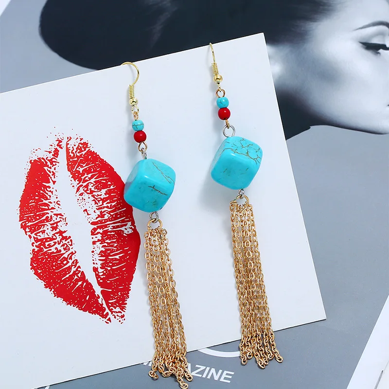 Женские длинные висячие серьги с кисточками квадратные золотистые из