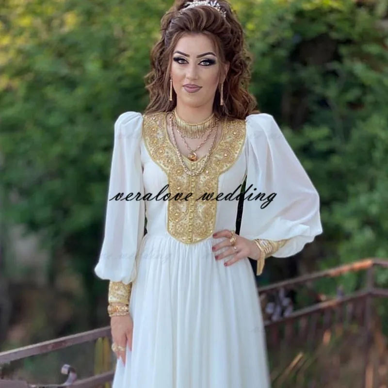 hot pink prom dress New White Chiffon Moroccan Kaftan Evening Dresses Long Golden Appliques Saudi Arabic Muslim Bridal Party Dress Custom Made dark green prom dress