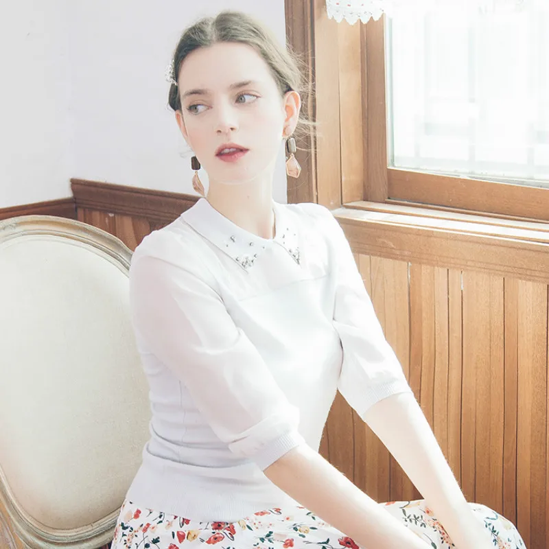 

French Solid Chiffon Shirt Half Sleeve Pullover Doll Collar Slim Women Blouse Top Fashion Ropa Para Mujer Lady Clothes ED50XF