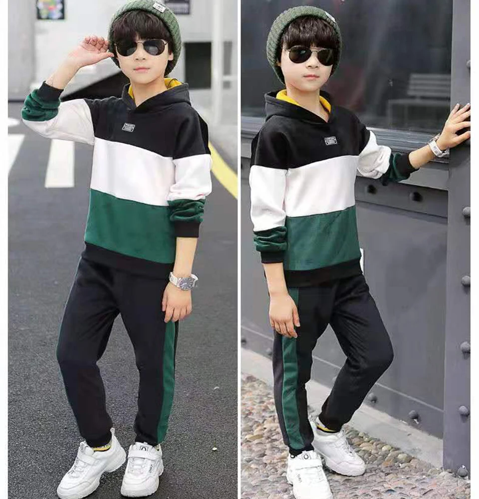 

Fashion New Tracksuit For Boys Children Clothing Sets Kids Clothes Sports Suit Baby Boys Patchwork Hooded Tops +Pants 2Pcs/Set