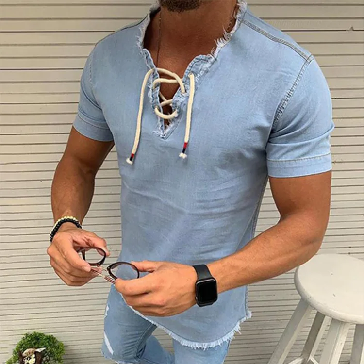 

Men's Denim Short Sleeve V-Neck T-Shirt Casual Lace Up Pure Color Blouse C5