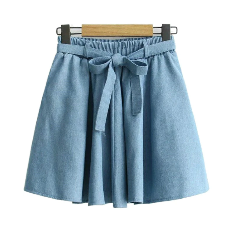 

Merry Pretty New Fashion WomenDenim Skirt Elastic High Waisted Jeans Mini Sweet Skirts Girls Denim Blue Pleated Skirts with Bow