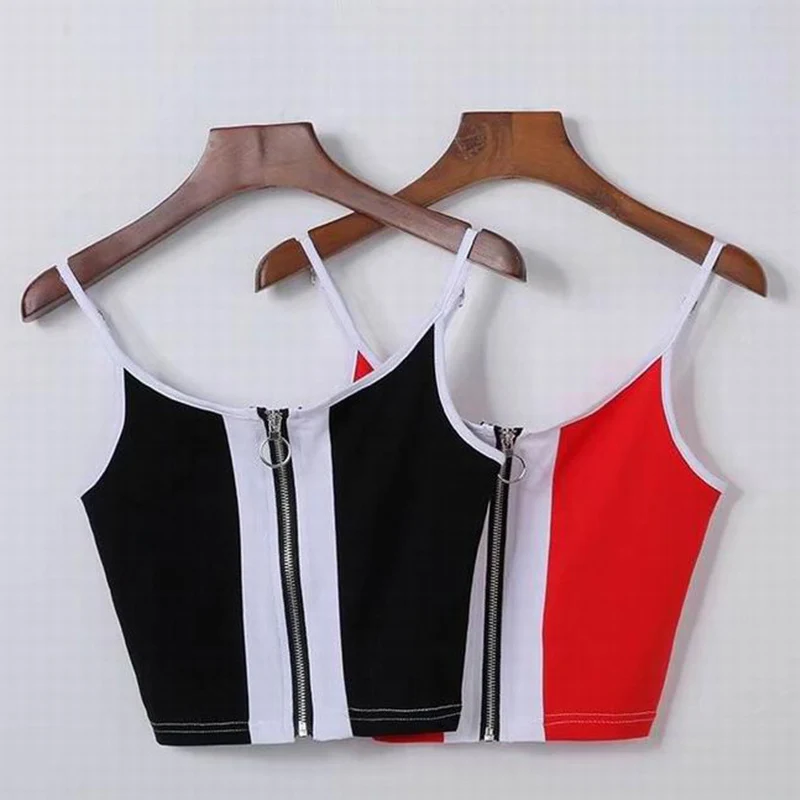 2019 Women Summer New Style Elegant And Classical Fashion Design Personality Color-blocked All-match Zipper Camisole Top | Женская