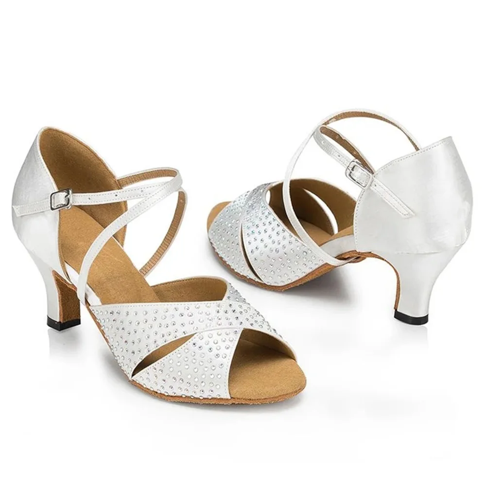 Satin Rhinestone Dance Shoes Women Latin Tango Salsa Dance Shoes Ballroom Dance 6cm Heel Soft Sole Sandals Ladies Wedding Shoes