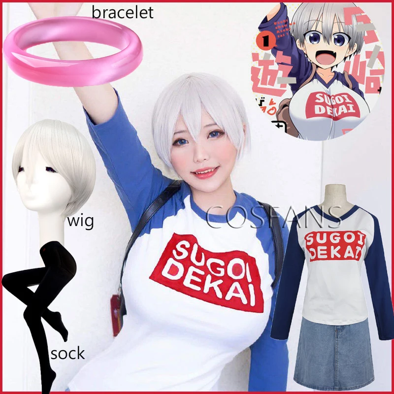 

Uzaki Hana Cosplay Costume Uzaki Chan Wants to Hang Out! Sugoi Dekai Long Sleeve T-shirt Denim Skirt Halloween Wig sock bracelet