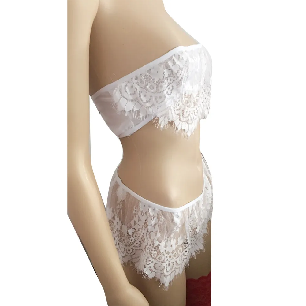 

Sleep Pajama Set Sexy White Lace Sleepwear Women Fashion Pyjama Femme See-Through Pajamas for Women Tubu Top N50