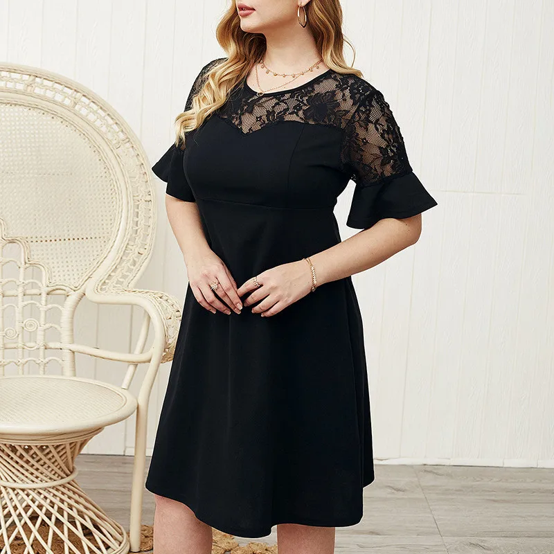 

Летнее женское кружевное платье-трапеция с коротким рукавом, черное платье большого размера в стиле пэчворк, офисное женское повседневное ...