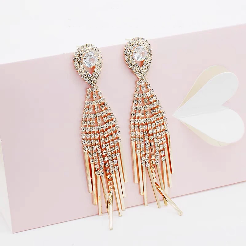 

Fashion crystal tassel earrings ethnic style exaggerated long earrings wild face thin earrings women