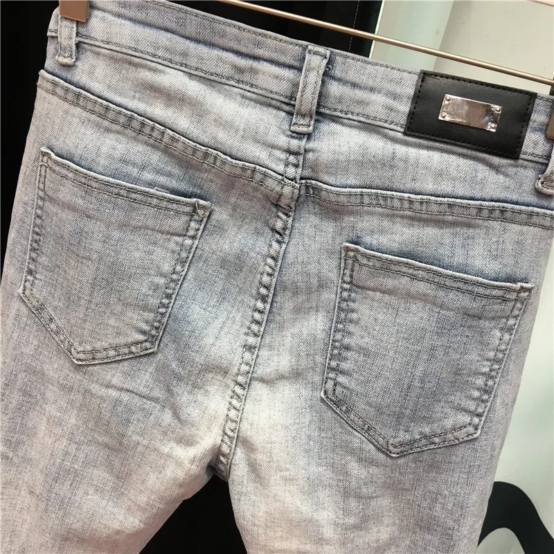 

Jeans Woman High Street Spring Slim Straight Flare Jeans Fashion Washed Beaded Denim Ankle Length Pants Boyfriend Jeans