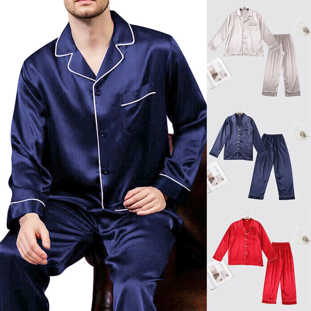

2Pcs Men Home Soft Satin Silk Nightwear Long Sleeve Tops+ Pants Pajama Set Sleepwear Solid Color Comfortable Loose Male New