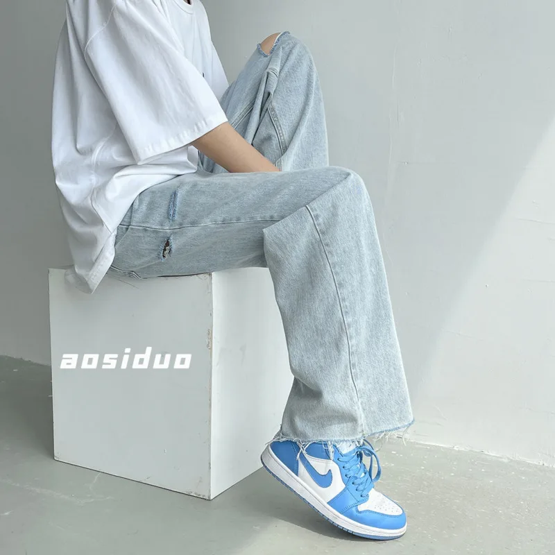 Summer Wide-leg Jeans Men's Fashion Light Blue Casual Ripped Jeans Men Streetwear Loose Hip-hop Hole Straight Denim Trousers Men