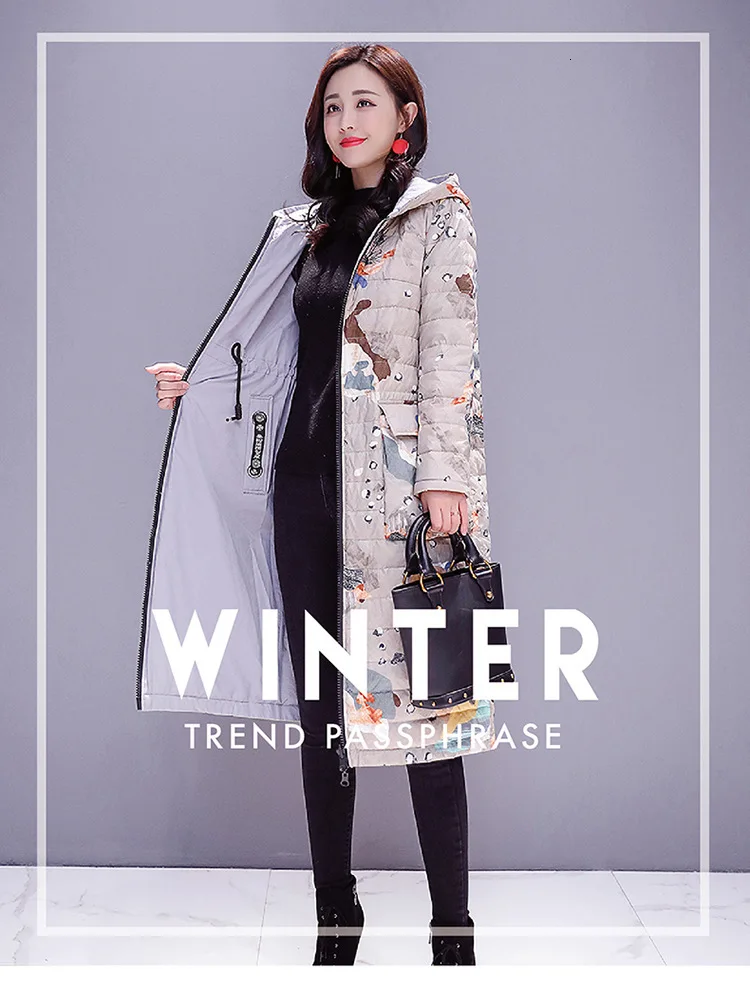 Шикарный длинный Реверсивный цветной принт с капюшоном для женщин, большой размер, зимний пуховик, Толстая теплая куртка для пекарни, ватные парки с хлопковой подкладкой