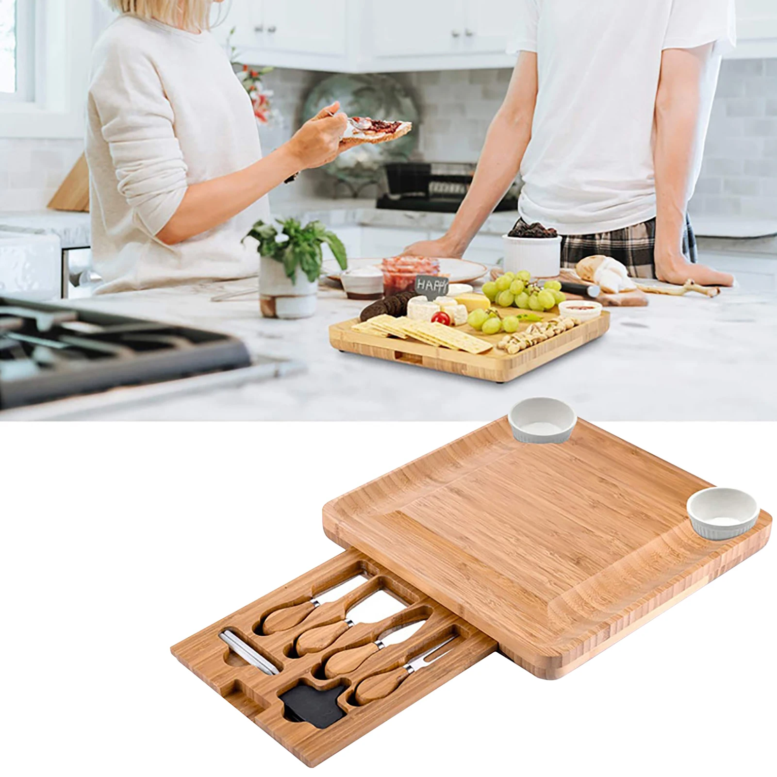 Bamboo Cheese Board Cutlery Knif Set With Slide Out Drawer 4 Knives Sets Cooking Tools Knife Slicer Fork Scoop Cut | Дом и сад