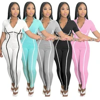 summer yoga suit casual short sleeve skinny rompers women gym wear sporty patchwork zipper bandage tight jumpsuits long pants