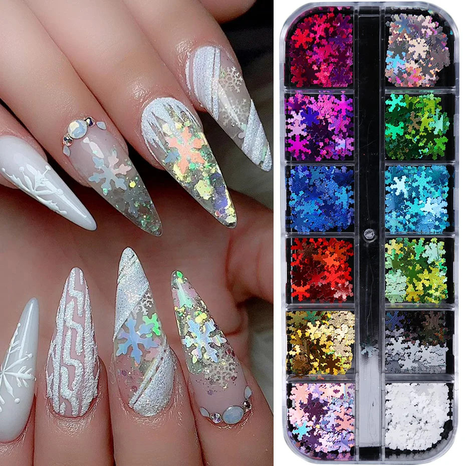 

12 Grid Snowflakes Laser Nail Sequins Holographic Christmas Holographic Mirror 3D Flowers Flakes Spangles Manicure SAXHH01-05