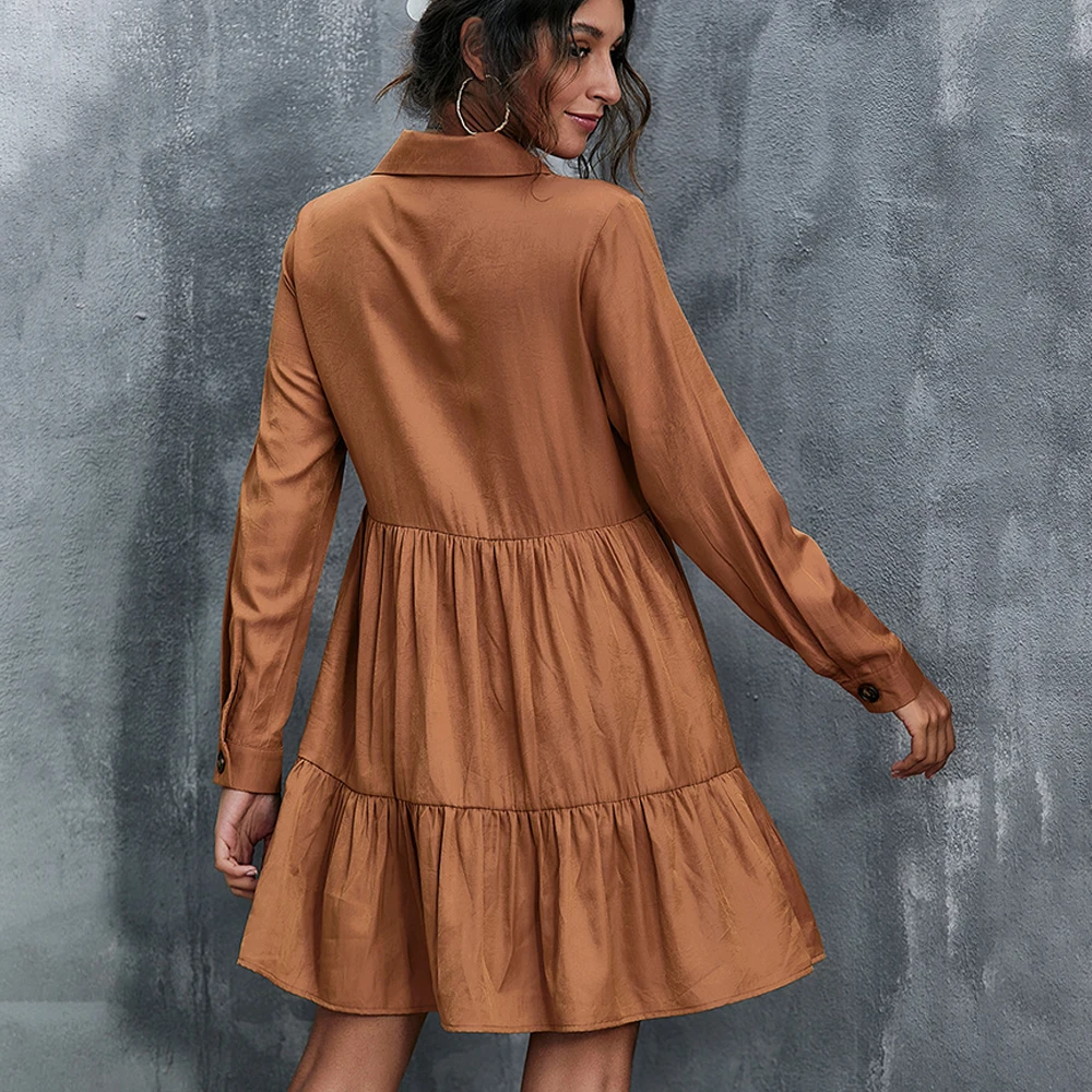 

Spring Women Casual Button Up Shirt Dress Vintage Lapel Double Pockets Long Sleeve High Waist Ruffles Ladies Loose Dresses 2021