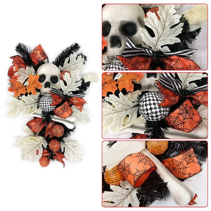 

2021 New Halloween Skeleton Skull Decoration Pumpkin Maple Leaf Hanging Ornament Wreath