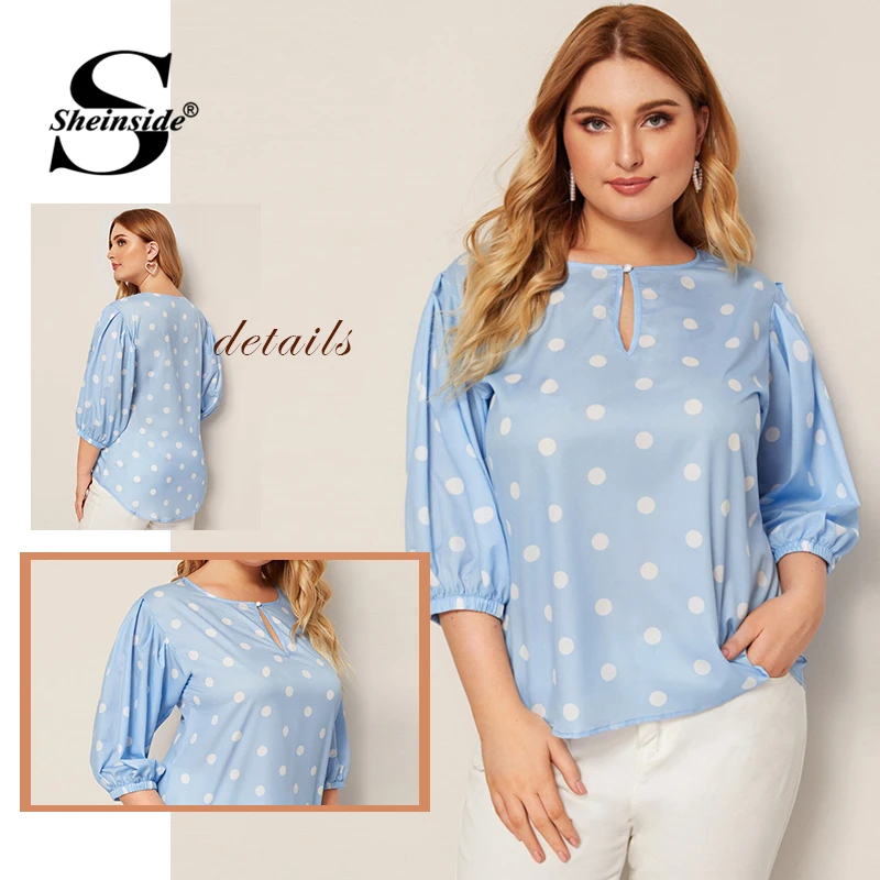 Sheinside/Большие размеры, блузка в горошек с коротким рукавом, Женская Осенняя коллекция года, эластичные Блузы с манжетами, женская синяя блузка с вырезом спереди