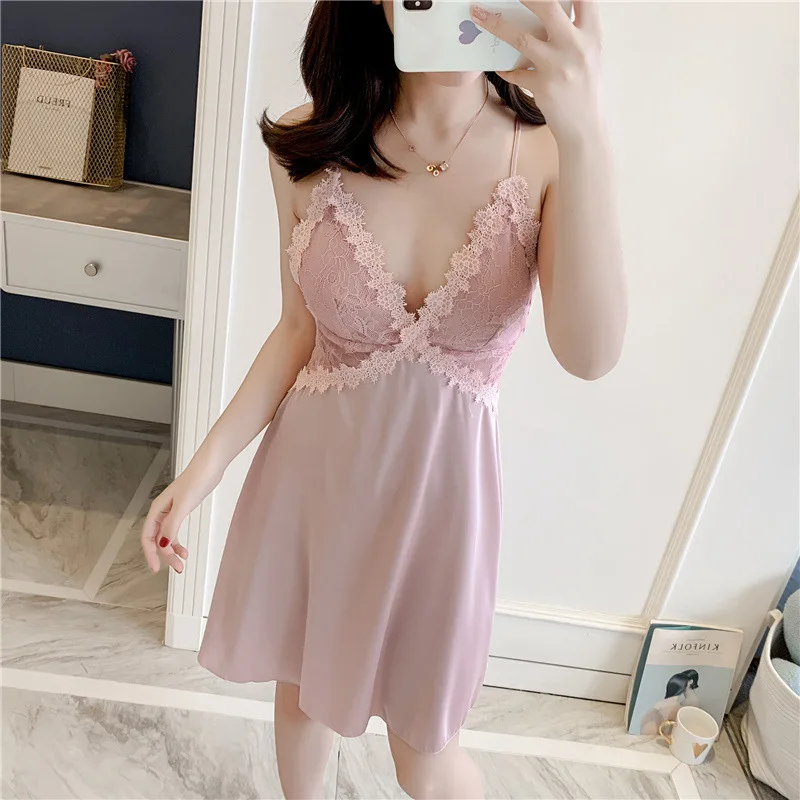 Женская сексуальная ночная рубашка шелковая с принтом кружевная домашняя одежда