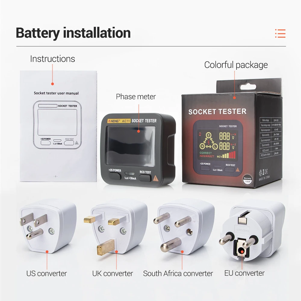 Цифровая умная розетка ANENG AC11 тестер напряжения детектор розетки с нулевой