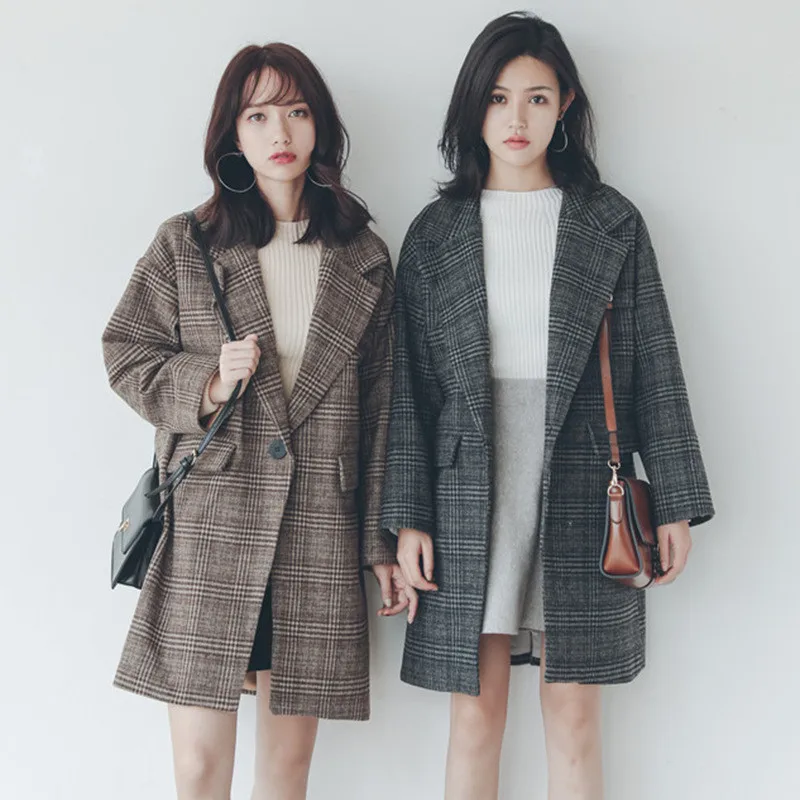 

2020 Autumn And Winter New Korean Style Loose Jacket Women plus Cotton Thick Plaid Jacket Woolen Mid Length Woolen Coat C514